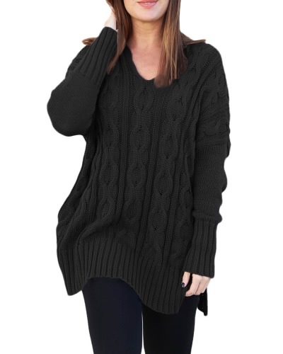 

V Neck Cable Knit Drop Shoulder Tunic Sweater