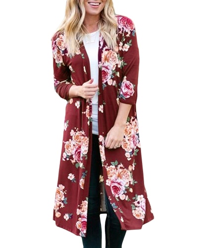 New Women Outerwear Open Front Floral Print 3/4 Sleeves Vintage Loose Casual Cardigan