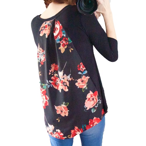 

Women T-shirt Splicing Floral Print Dipped High Low Asymmetric Hem V Neck Three Quarter Sleeve Causal Tops