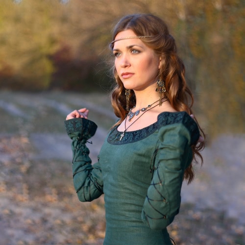 

Классическая осень Vintage Style Женщины Мода средневекового льна с длинным рукавом Круглая шея Платье Cosplay Костюм Принцесса Ре