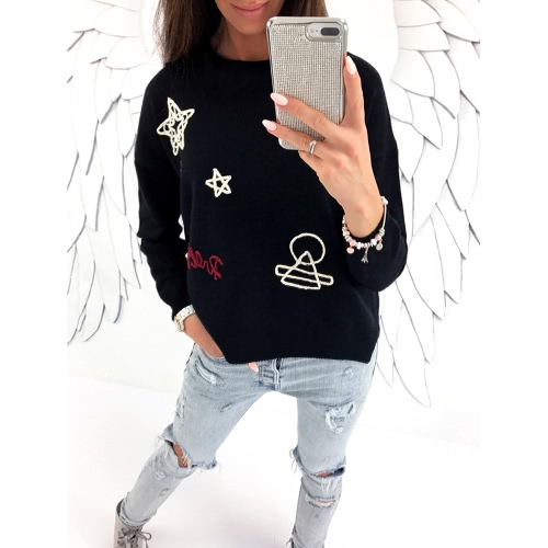

Women Dropped Shoulder Loose Casual Tops Embroidered Hoodie Sweatershirt