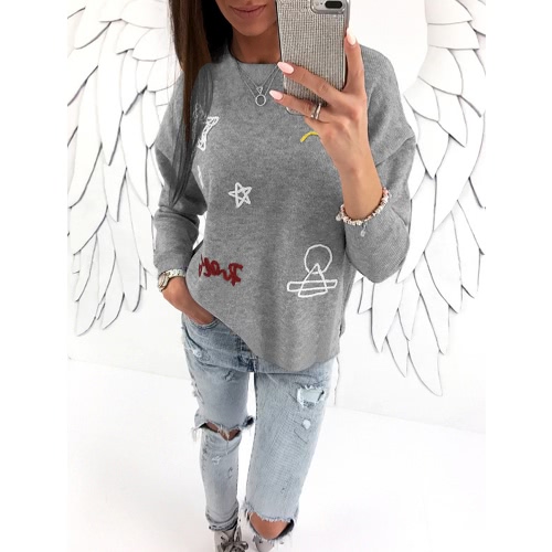

Women Dropped Shoulder Loose Casual Tops Embroidered Hoodie Sweatershirt