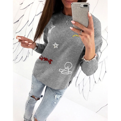 

Women Dropped Shoulder Loose Casual Tops Embroidered Hoodie Sweatershirt