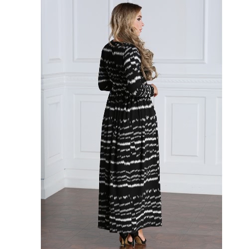 

Sexy Women Plus Size Printed Dress Big Size Round Neck Ankle-Length Long Maxi Dress Black