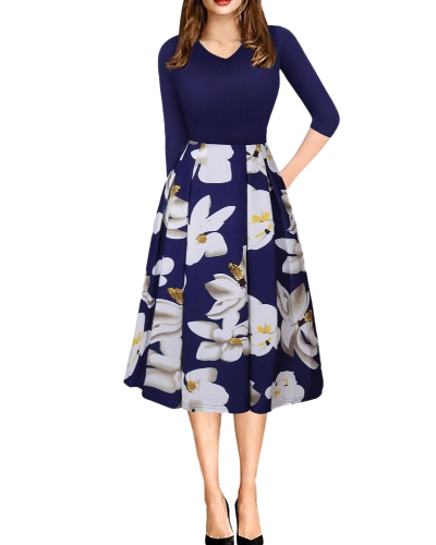 

Women Vintage V Neck Floral Print Swing Dress