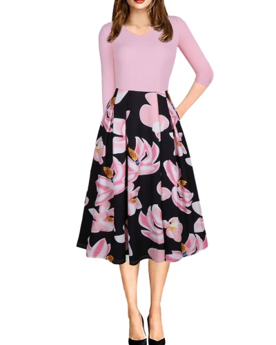 

Women Vintage V Neck Floral Print Swing Dress