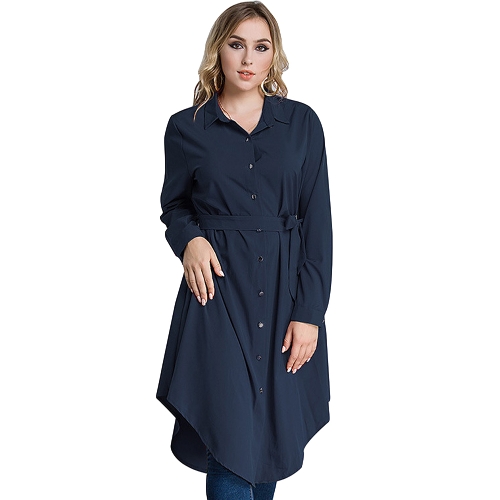 Frauen Plus Size Shirt Kleid Langarm Unregelmäßiger Saum Gürtel Feste Lässige Tunika Lange Bluse Top