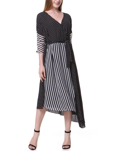 

Шифон Spot Stripe Splicing Асимметричное платье Tie Waist Элегантное платье Lady Midi