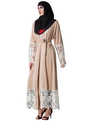 

Женские мусульманские цветочные кружевные халаты с длинным рукавом Abaya Kaftan Исламский арабский длинный кардиган с поясным пальто хаки