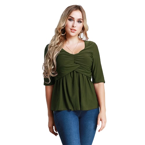 Mujeres T-Shirt Ruched Túnica Sexy Top V-cuello medio mangas otoño superior sólido delgado casual camiseta