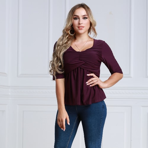 

Women T-Shirt Ruched Tunic Sexy Top V-Neck Half Sleeves Autumn Top Solid Slim Casual Tee