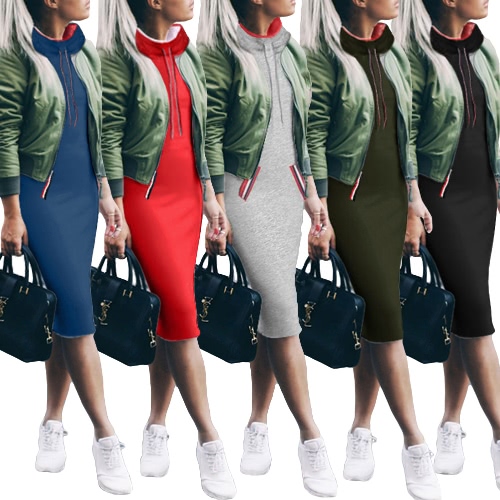 

Autumn Winter Women Hoody Dress High Neck Long Sleeves Solid Warm Slim Bodycon Midi Dress