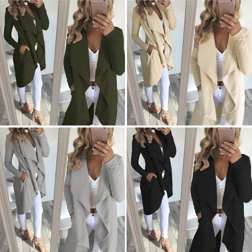 

Women Coat Solid Open Front Waterfall Drape Pockets Ribbed Sleeves Casual Warm Outerwear Overcoat