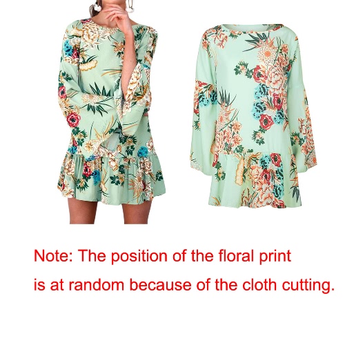 

New Vintage Women Floral Print Mini Dress Flared Sleeve Ruffle Hem Round Neck Party Casual Dress Green
