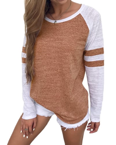 

Women Long Sleeves T-Shirt Color Splicing Striped O Neck Raglan Casual Tees Pullovers Tops
