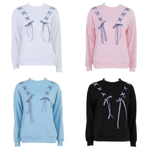 

Женщины Hoodie Sweatershirt Пуловеры Лук Лента Фронт с длинными рукавами Свободные перемычки Casual Tops Outwear