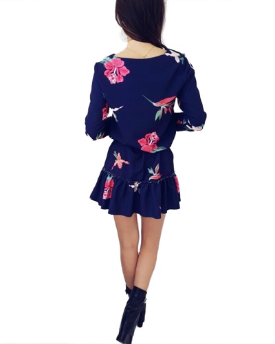 Vestito da donna floreale stampa cravatta girocollo Hem girocollo tre quarti manica elegante mini pezzo di un pezzo