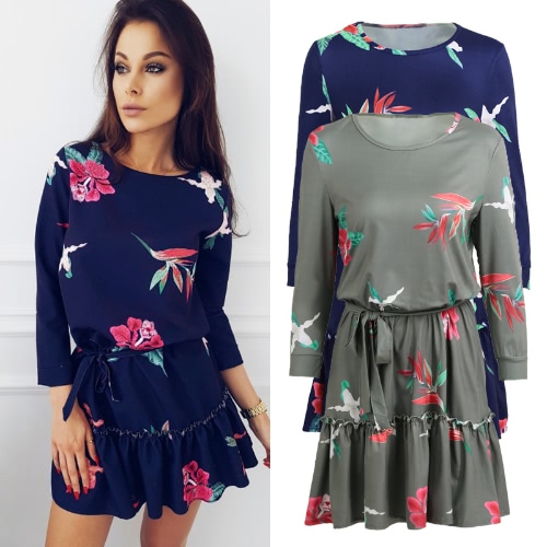 

Women Dress Floral Print Waist Tie Ruffle Hem Round Neck Three Quarter Sleeve Elegant Mini Party One-Piece
