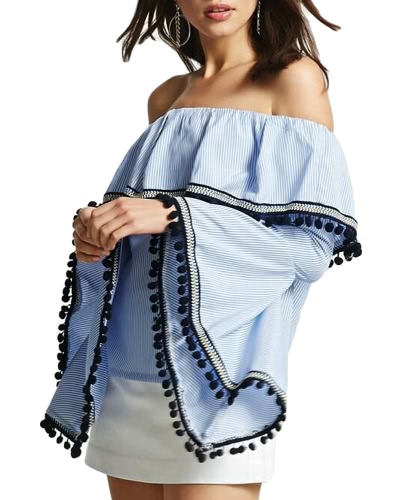 

Women Striped Blouse Sexy Off the Shoulder Ruffle Flare Sleeves Casual Elegant Top Shirt
