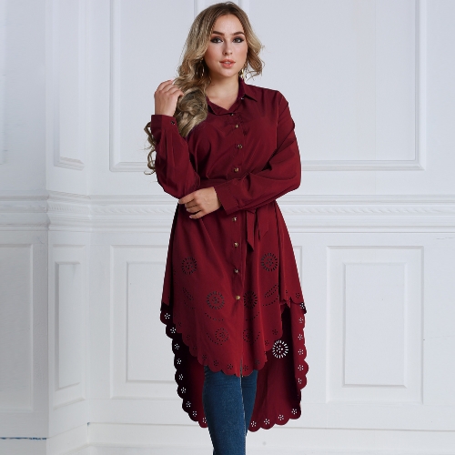

Women Burning Flowers Hollow Out Irregular Belted Plus Size Shirt