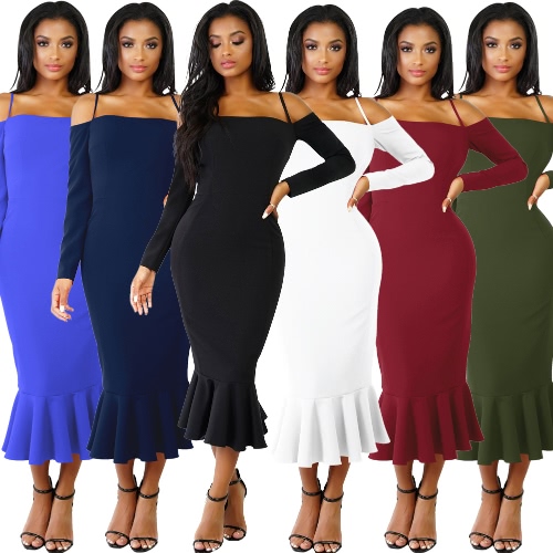 

Women Mermaid Dress Long Sleeves Off Shoulder Spaghetti Strap Party Bandage Midi Dress Trumpet Vestdios