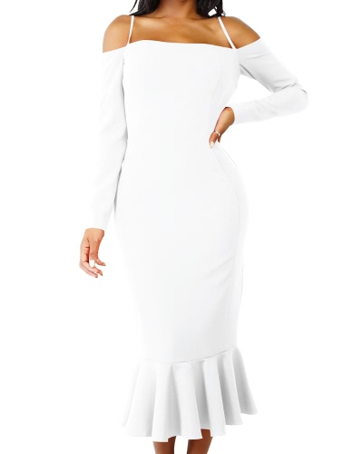 

Women Mermaid Dress Long Sleeves Off Shoulder Spaghetti Strap Party Bandage Midi Dress Trumpet Vestdios