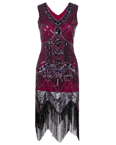 Mulheres Vestido Sequined Beading Tassel Fringe V Neck Sleeveless Bodycon Party Clubwear One-Piece