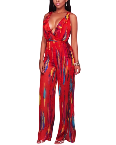 

Sexy Ruffle Straps Chiffon Jumpsuit Графическая печать V-образным вырезом High Slit Romper Playsuit