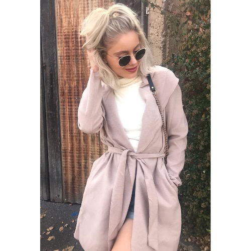 

Women Hooded Coat Belted Long Sleeve Pockets Casual Jackets Solid Overcoat Outerwear