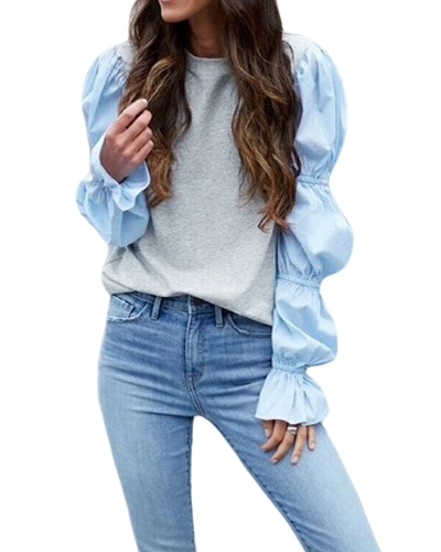 

Women Long Sleeve T-Shirt O-Neck Patched Puff Sleeve Shirts Casual Tee Tops