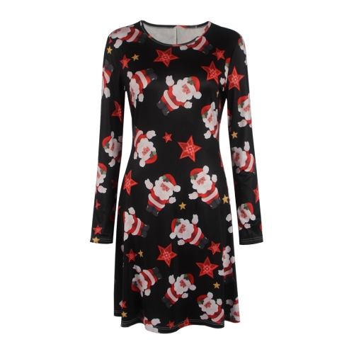 Women Christmas Print Dress Elk Snowflake Long Sleeve Casual Autumn Winter A-Line Party Dress