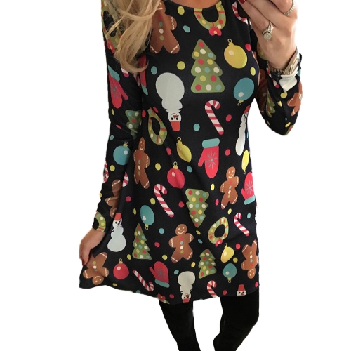 Mulheres Vestido de Natal Vestido Elk Snowflake Long Sleeve Casual Outono Inverno A-Line Vestido de festa