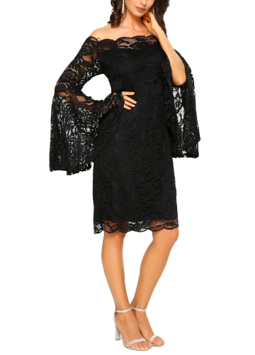 

New Sexy Women Floral Lace Midi Dress Slash Neck Flare Sleeve Elegant Party Club Bodycon Dress Black/White
