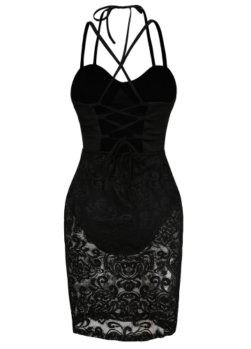 

Sexy Women Lace Strappy Back Midi Dress Deep V Neck Bodysuit Lining Party Club Evening Bodyocn Dress