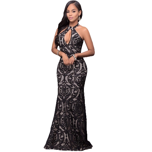 

Bodycon Maxi Dress Halter Floral Mesh Backless Cutout без рукавов