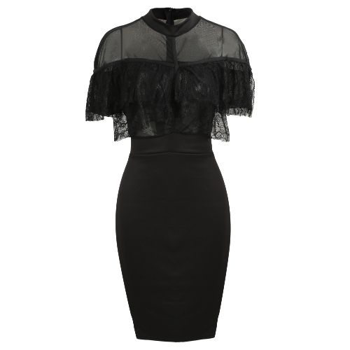 

Sexy Women Patchwork Sheer Mesh Lace Ruffle Bodycon Dress