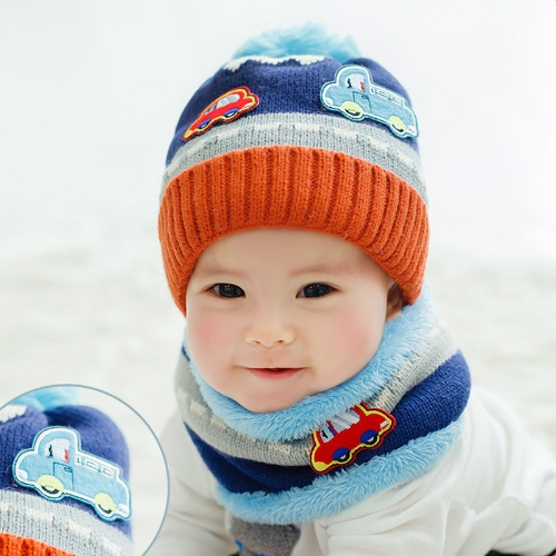 New Cute Baby Girl Boy Knitted Hat Scarf Set Car Pattern Fleece Warm Cap Neck Warmer Two-Piece Set