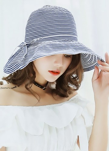 

New Summer Women Striped Cloth Sun Hat Foldable Large Brim Bow Decoration Beach Hat Cap