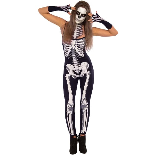 Sexy Mujer Halloween Party Cosplay Esqueleto Mono Cráneo Impreso Strappy Bodysuits Trajes Zombie Traje Negro