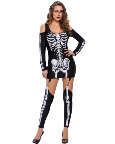 Sexy Women Mini Dress Skeleton Costume d'Halloween Cold Shoulder Long Sleeve Slim Masquerade Outfits Noir