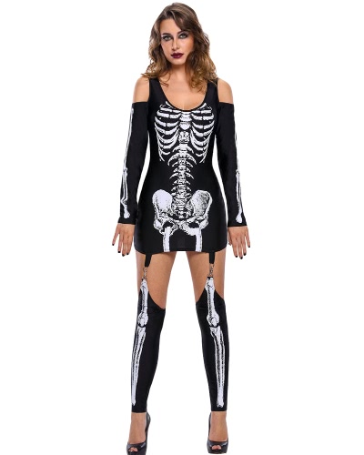 Sexy Women Mini Dress Skeleton Halloween Costume Cold Shoulder Long Sleeve Slim Masquerade Outfits Black