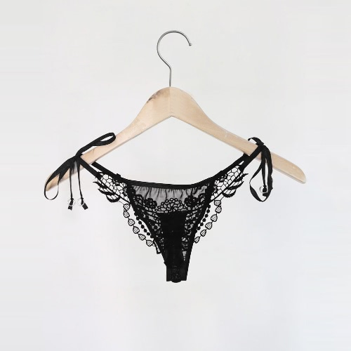 

Sexy Women Crochet Lace Lingerie G-String Low Waist Self-Tie Strap Beaded Thong Underwear Black/Red/White