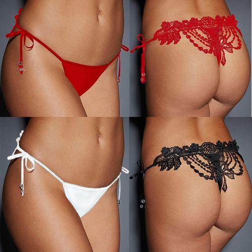 

Sexy Women Crochet Lace Lingerie G-String Low Waist Self-Tie Strap Beaded Thong Underwear Black/Red/White