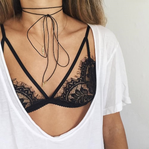 

Sexy Women Bralette Eyelash Lace Sheer Mesh Wirless Unpadded Strappy See Through Bustier Black