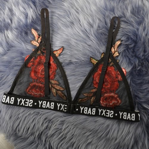Women Bralette Sheer Mesh Embroidered Floral Triangle Unpadded Wireless Sexy Bustier Top Black