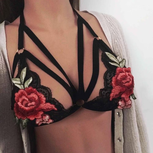 

Sexy Floral Embroidery Bondage Body Cage Elastic Cupless Women's Bralette