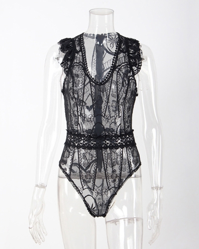 

Сексуальный бюстгальтер для нижнего белья женщин One Piece Sheer Lace Deep V-neck Wireless Zipper Underwear Black / White
