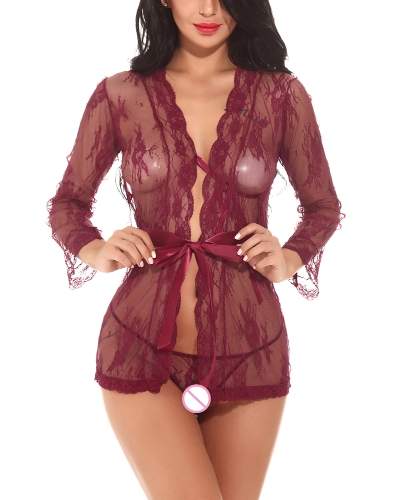 

Sexy Women Lace Lingerie Set Babydoll G-String Set Sheer Kimono Belted Nightwear