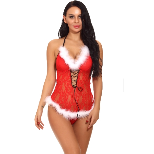 

Sexy Women Christmas Lingerie Bodycon Halter Dress Nightwear Sheer Lace Backless Nightgown Fluffy Sleepwear G-String Red