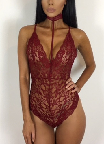 

Lingerie Sheer Choker Deep V Neck Erotic Lace Bodysuit